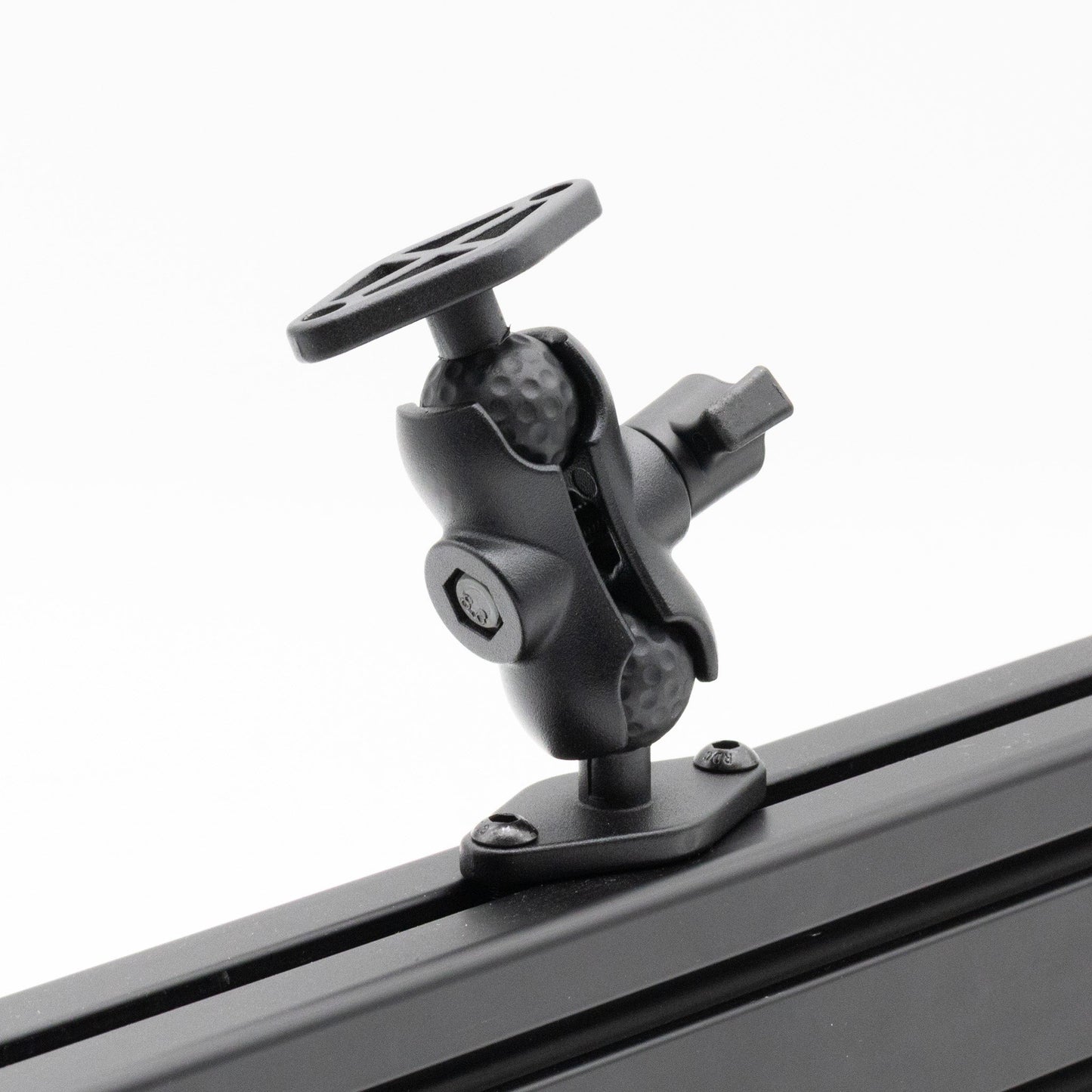 Black metal roof rack crossbar with adjustable mounting bracket on a white background