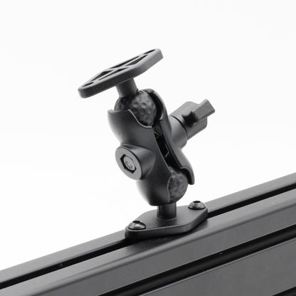 Black metal roof rack crossbar with adjustable mounting bracket on a white background