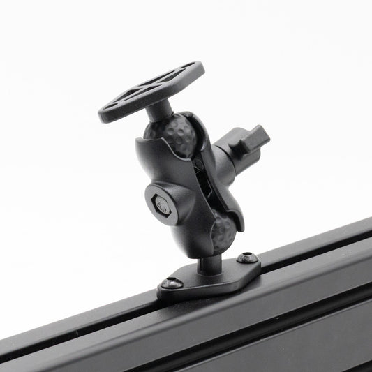 Black metal roof rack crossbar with adjustable mounting bracket on a white background