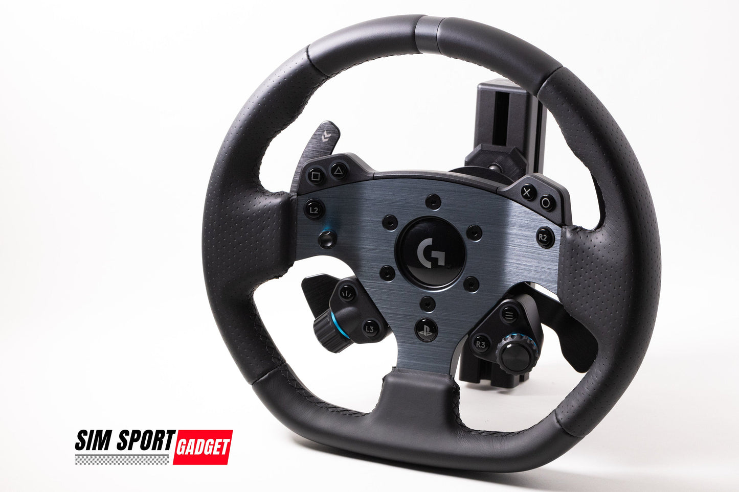 Logitech steering wheel on a white background with 'Sim Sport Gadget' branding.