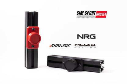 Two automotive parts with Sim Sport Gadget, NRG, Simagic, and Moza Racing logos on a white background.