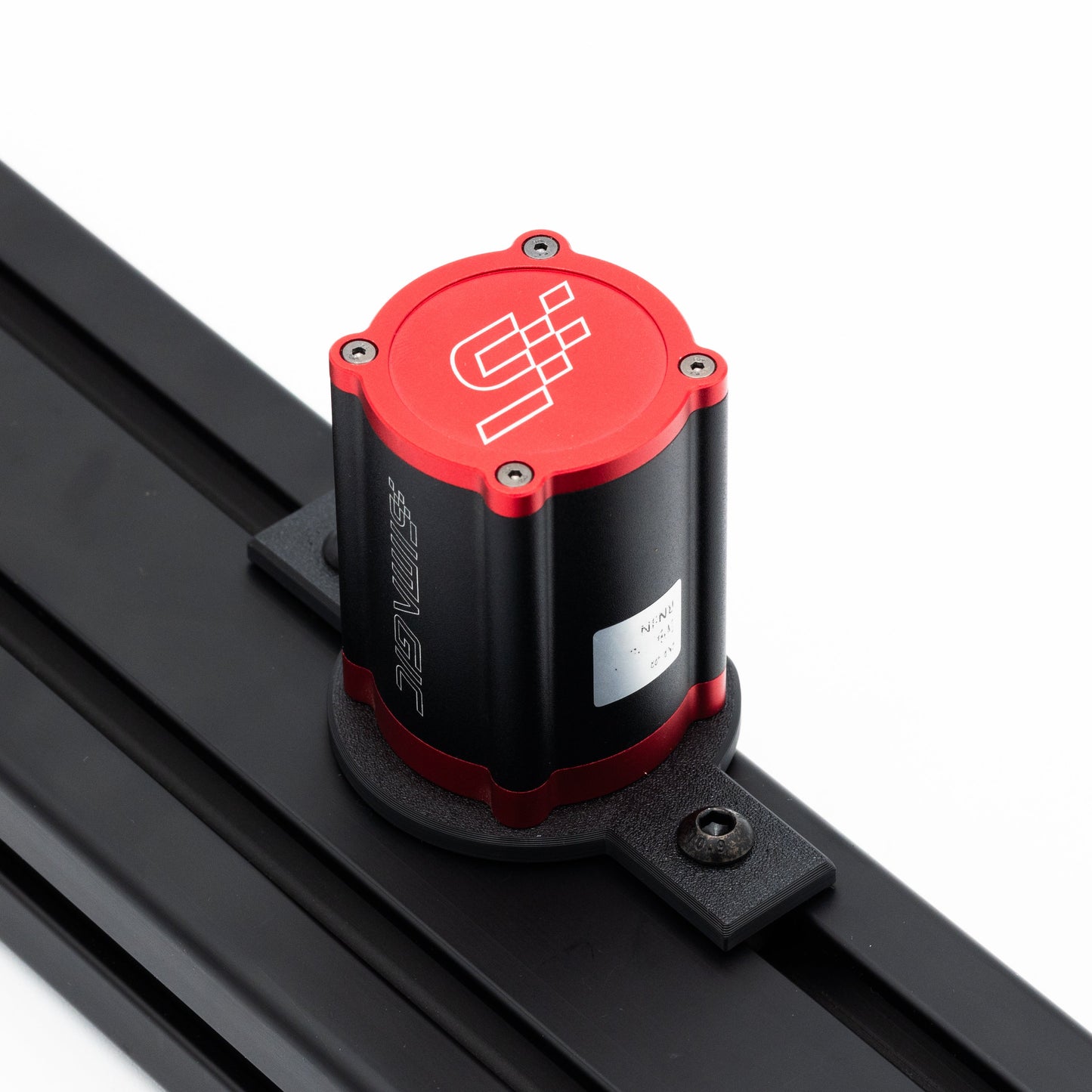 Black and red cylindrical component with a logo on a white background