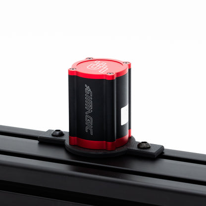 Black and red gimbal camera stabilizer on a white background