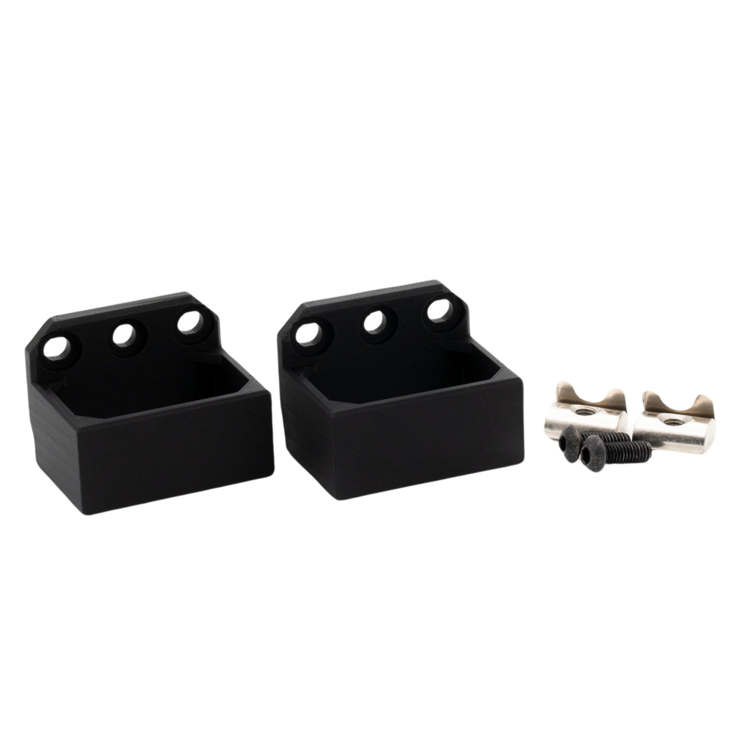 Two black wall mount brackets with screws on a white background