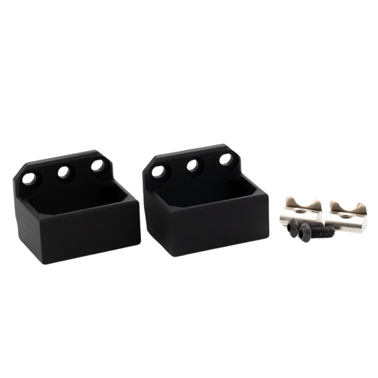 Two black wall mount brackets with screws on a white background