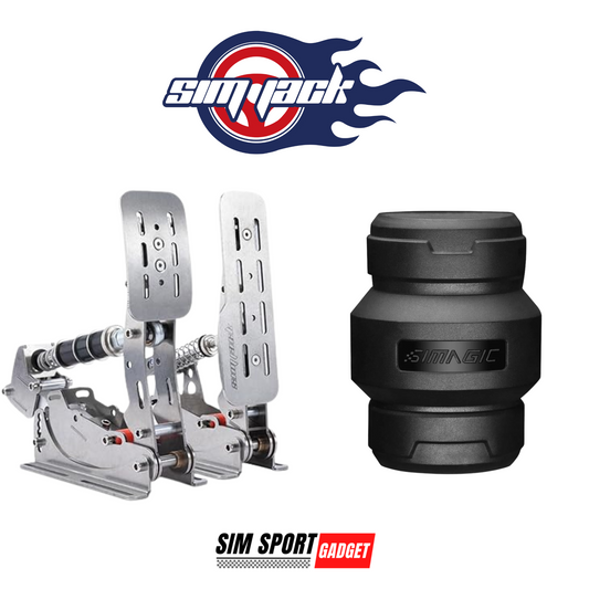 Two automotive parts, a silver pedal assembly and a black component, with Simpack and Sim Sport Gadget logos on a white background.