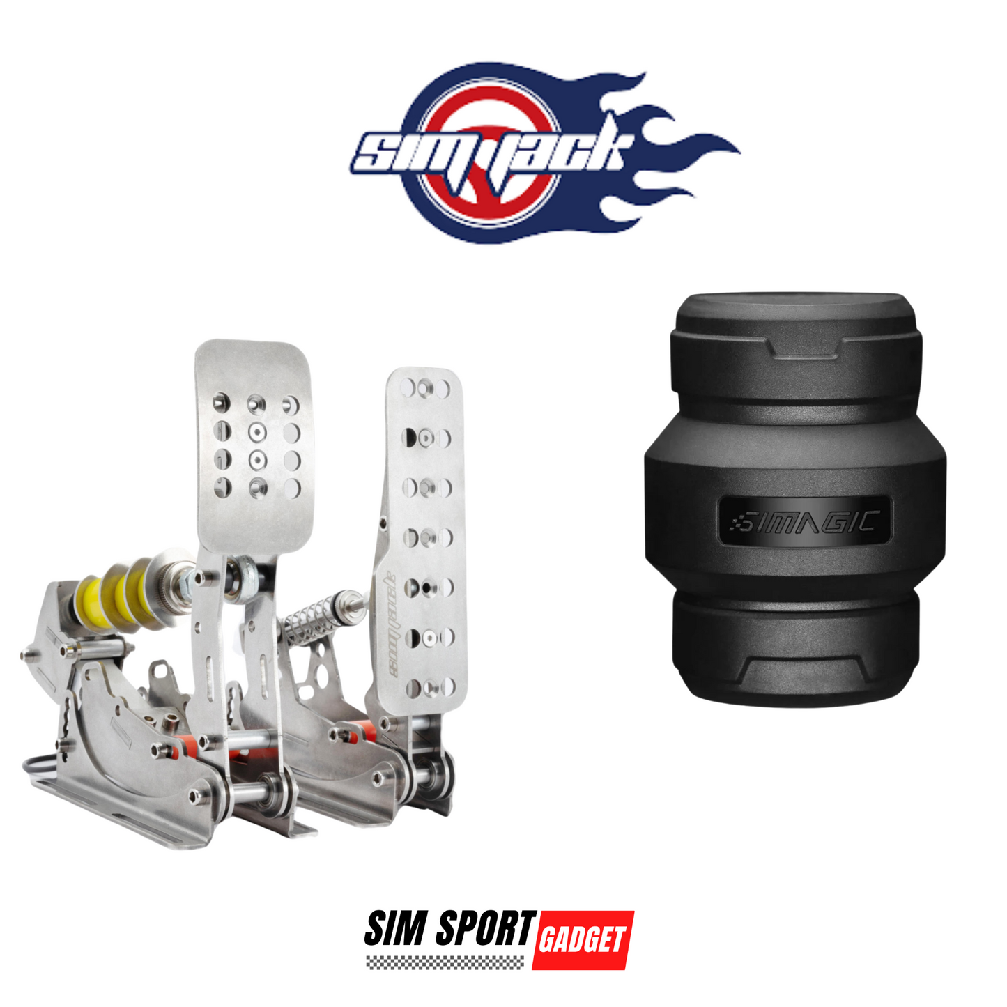 Sim racing pedals and shifter with SimRack logo on a white background