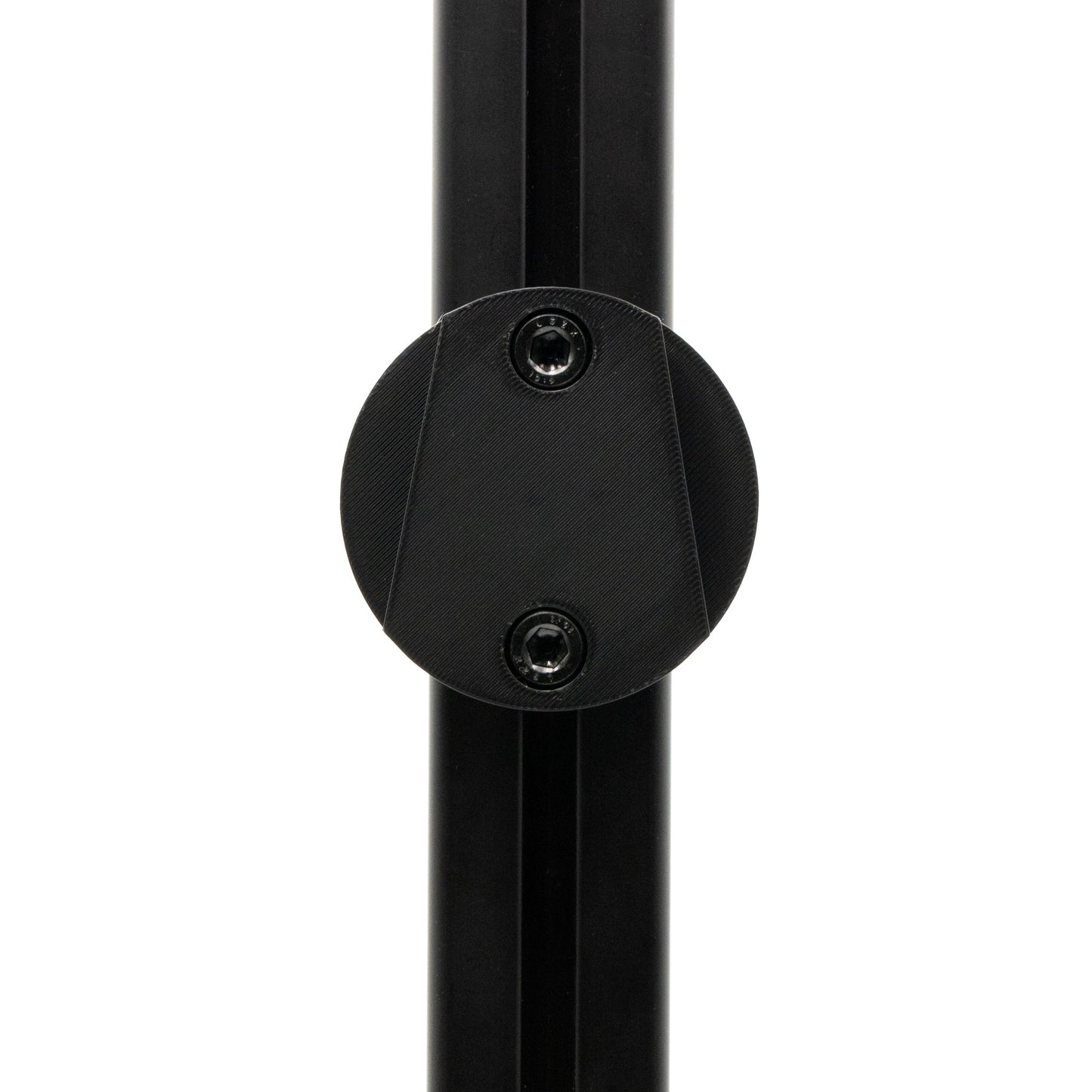 Black metal pipe with a circular fitting on a white background