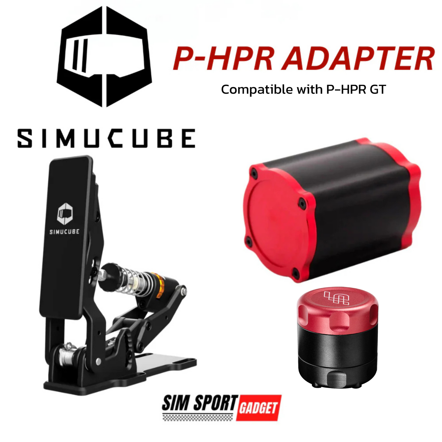 Simucube P-HPR adapter with red and black design on a white background