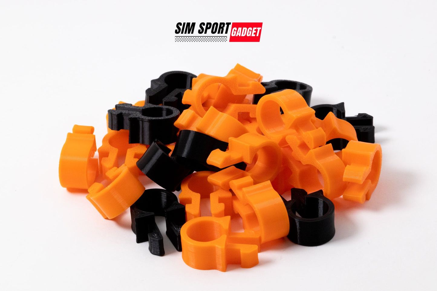 Orange and black plastic clips on a white background with 'SIM Sport Gadget' branding.