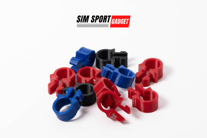 Set of red, blue, and black plastic clips on a white background with 'SIM Sport Gadget' branding.