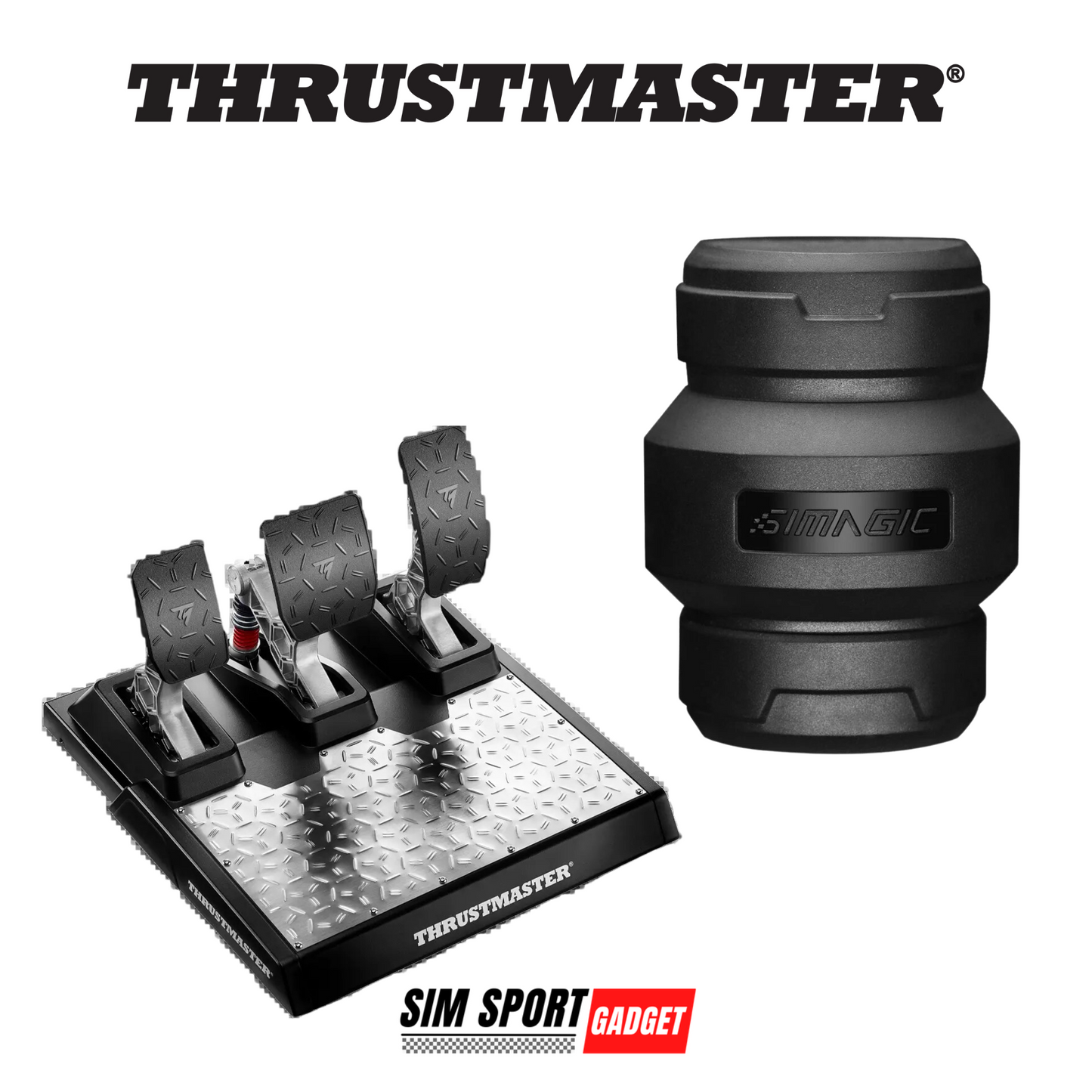 Thrustmaster gaming simulator pedals and shifter on a white background