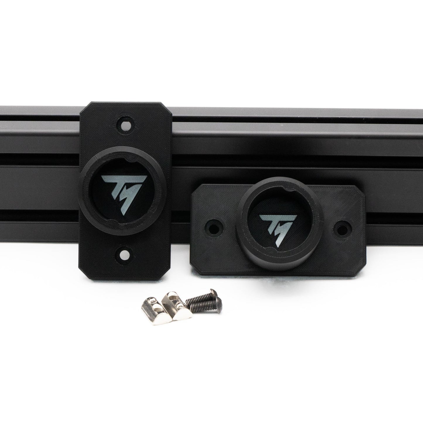 Black metal brackets with screws on a white background
