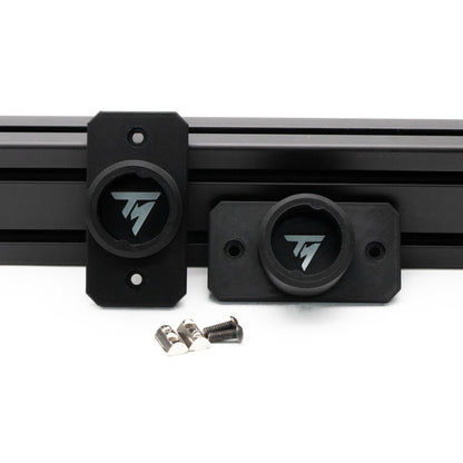 Black metal brackets with screws on a white background