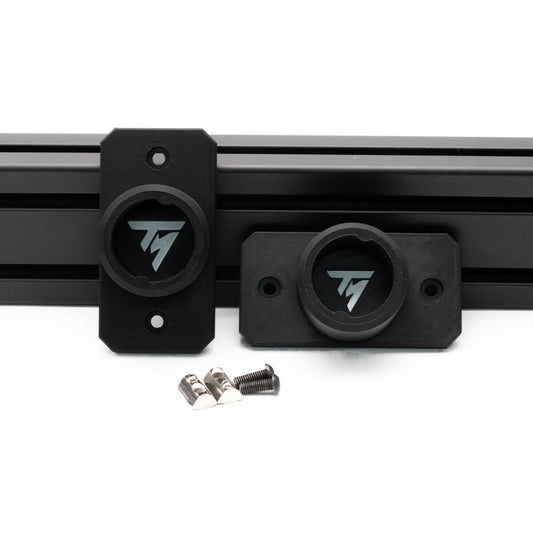Black metal brackets with screws on a white background