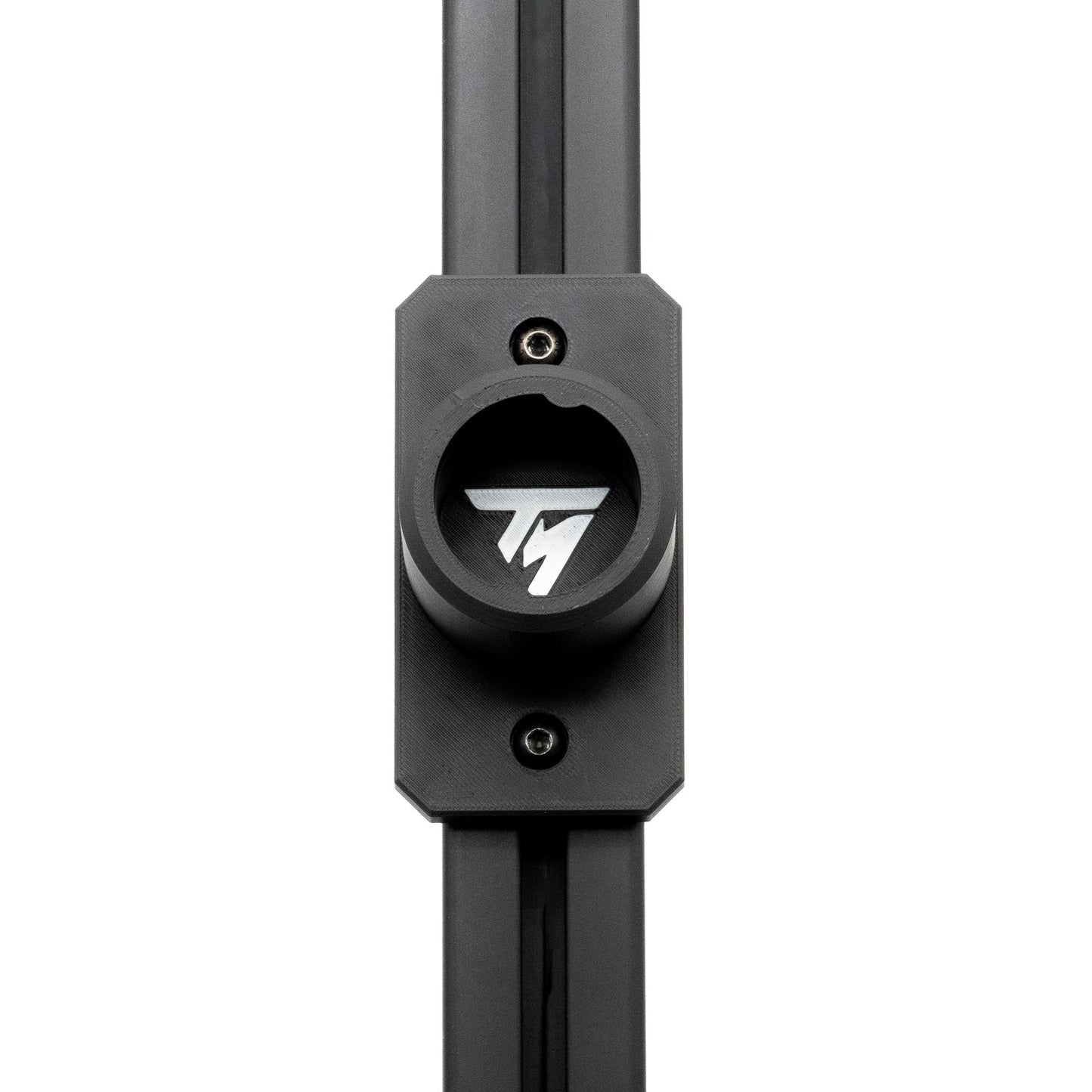 Black metal rod with a branded cap on a white background