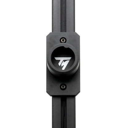 Black metal rod with a branded cap on a white background