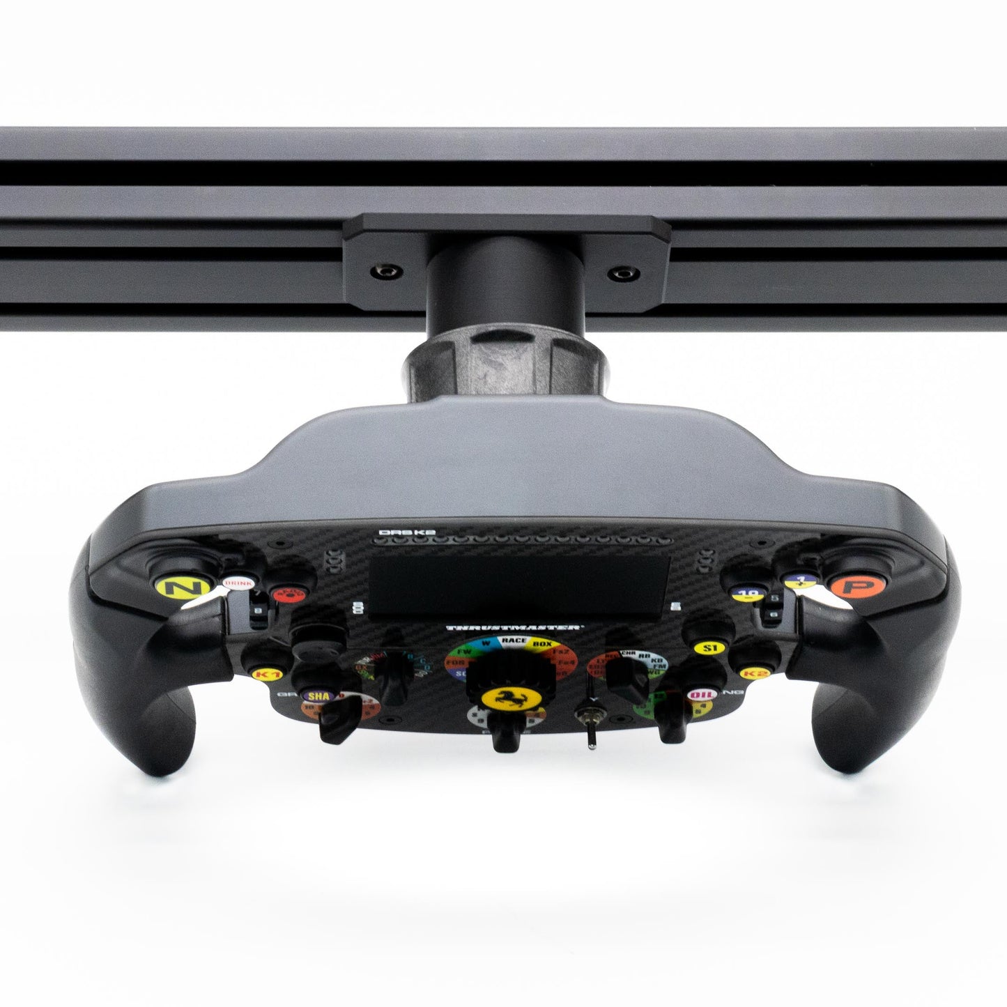 Black racing simulator steering wheel with buttons on a white background
