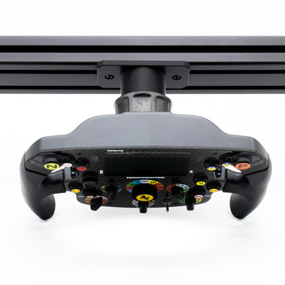 Black racing simulator steering wheel with buttons on a white background