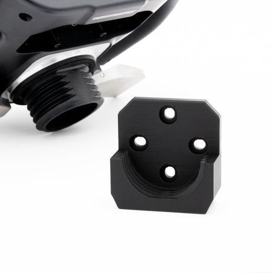 Black metal bracket with three holes on a white background