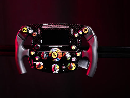 Ferrari steering wheel with carbon fiber finish and colorful buttons on a dark background