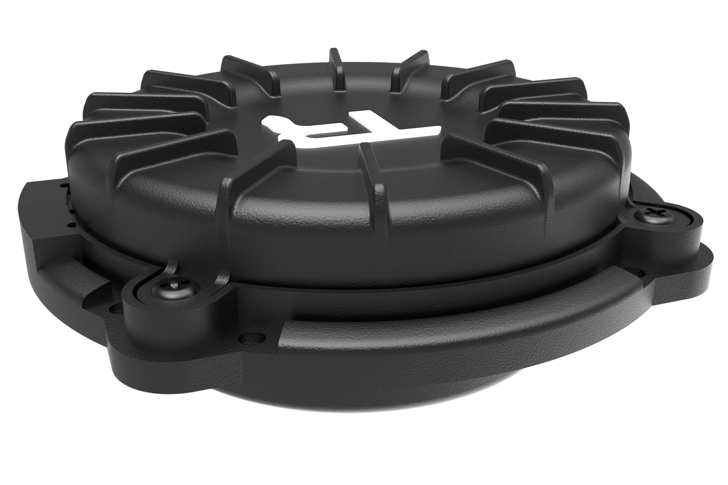 Black mechanical component with a brand logo on a white background