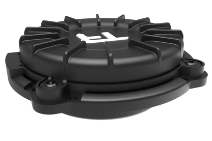 Black mechanical component with a brand logo on a white background