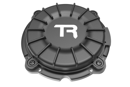 Gray mechanical component with 'TR' logo on a white background