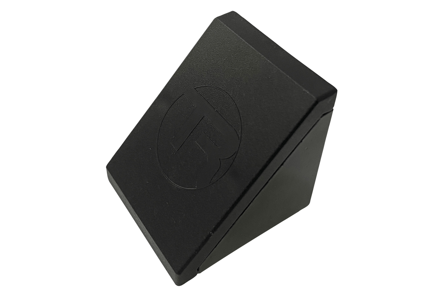 Black rectangular object with a circular logo on a white background