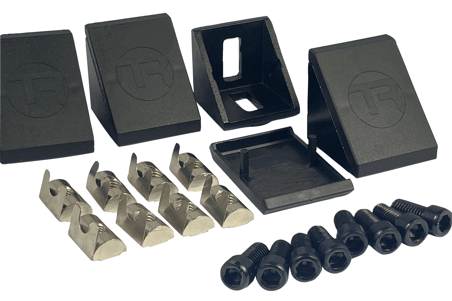 Collection of black plastic components and clear metal bolts on a black background