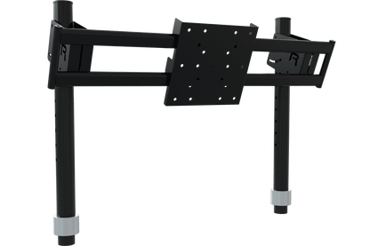 Black adjustable stand with a tablet mount on a white background