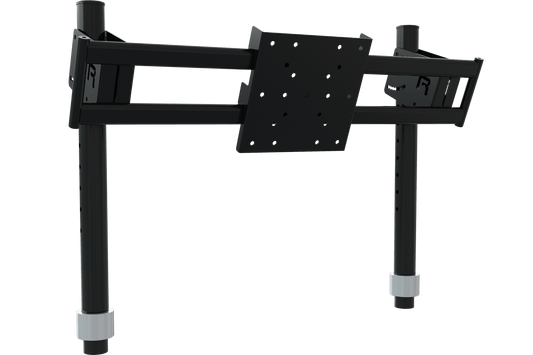 Black adjustable stand with a tablet mount on a white background