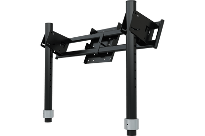 Black metal stand with adjustable arms on a white background