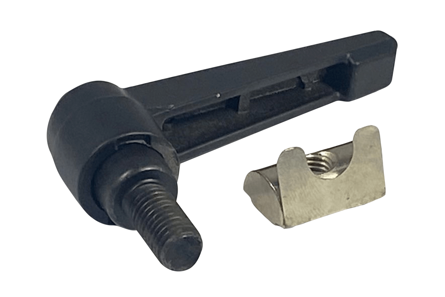Black metal lever with a bolt and silver metal clip on a white background