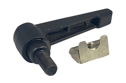 Black metal lever with a bolt and silver metal clip on a white background