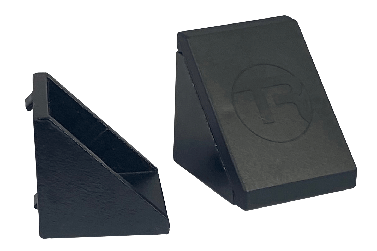 Two black triangular stands on a white background