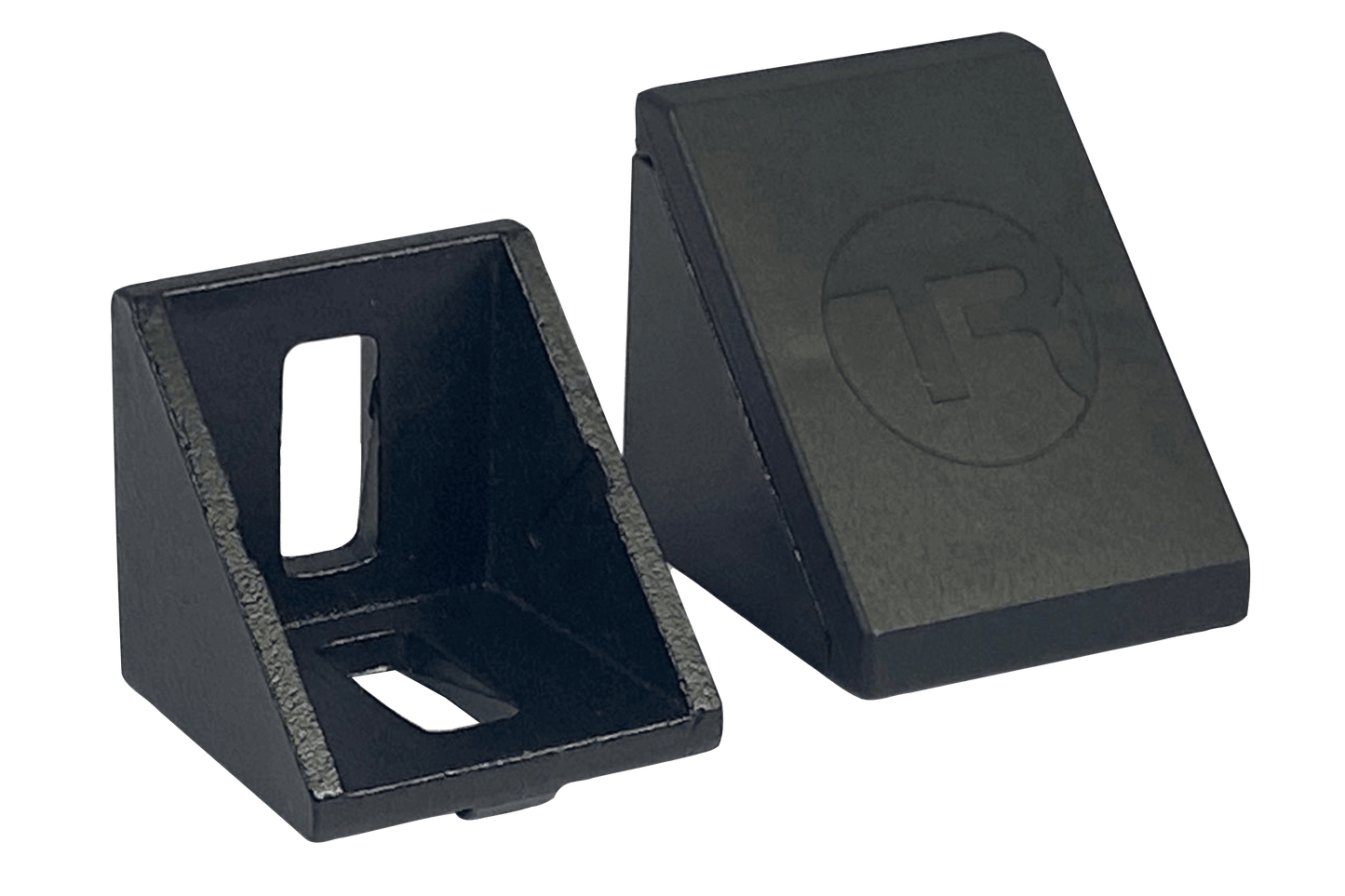 Two black plastic wedges with a logo on a white background