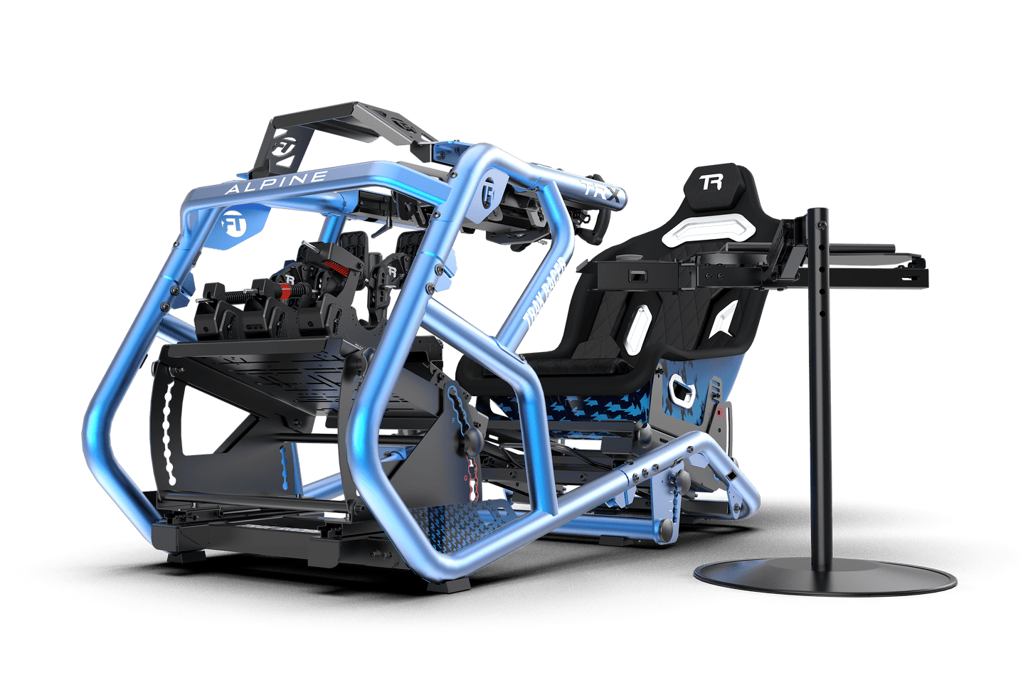 Simulator racing seat with detailed controls on a stand against a white background