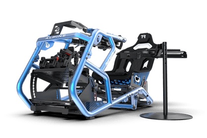 Simulator racing seat with detailed controls on a stand against a white background