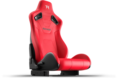 Red racing seat with 'TR' logo on a white background
