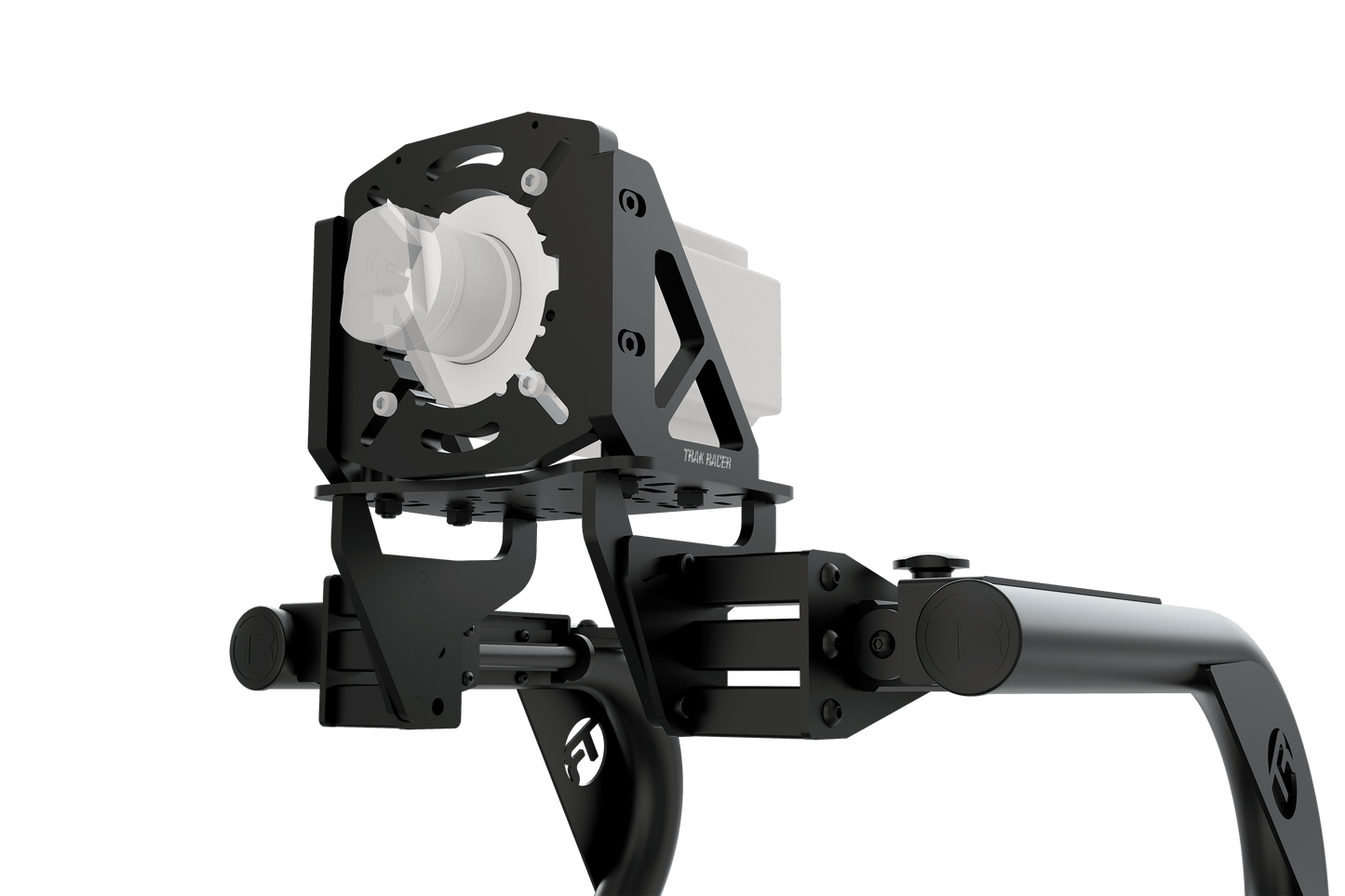 Black mechanical arm with a white gear on a transparent background