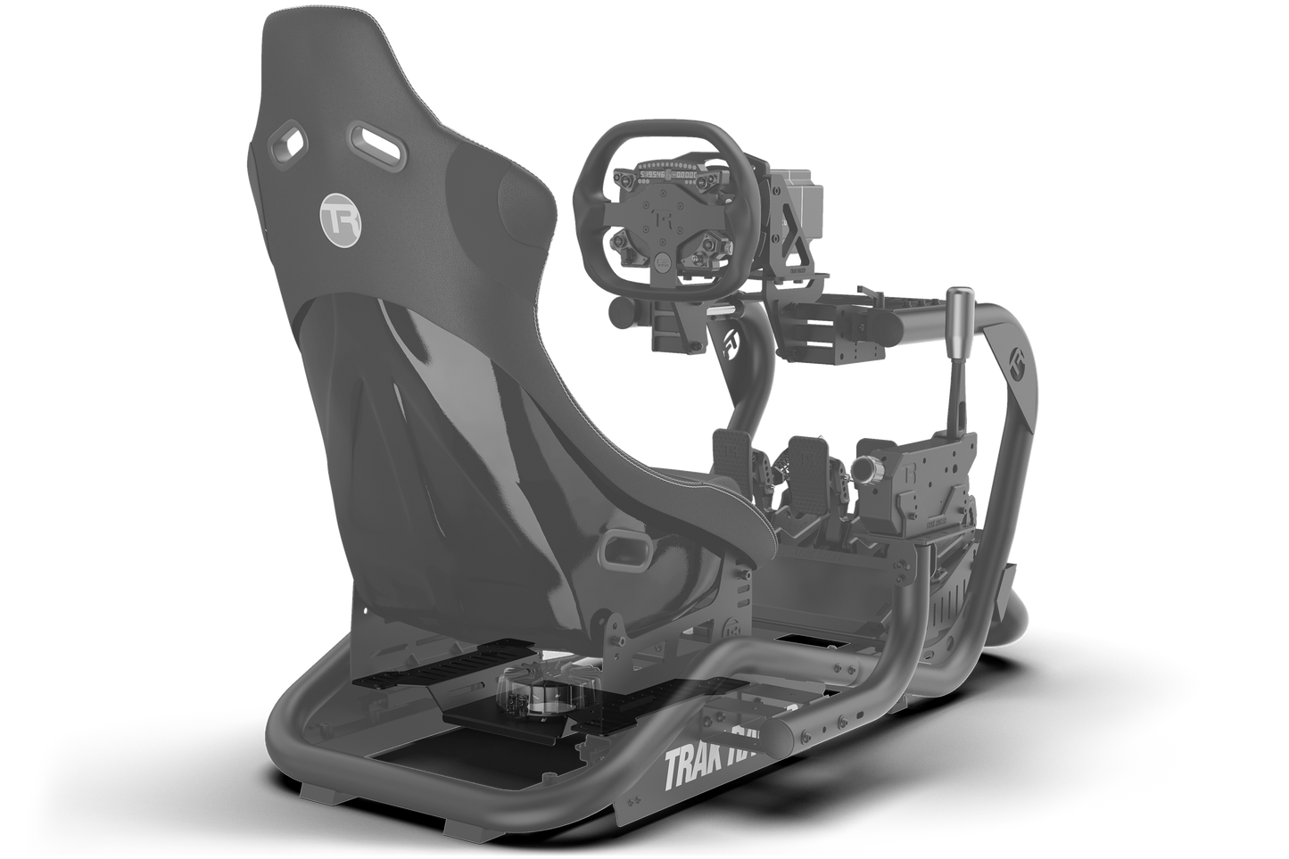 Racing simulator seat with steering wheel and pedals on a white background