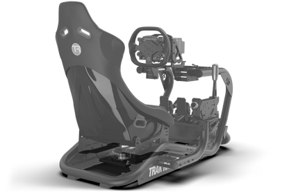 Racing simulator seat with steering wheel and pedals on a white background