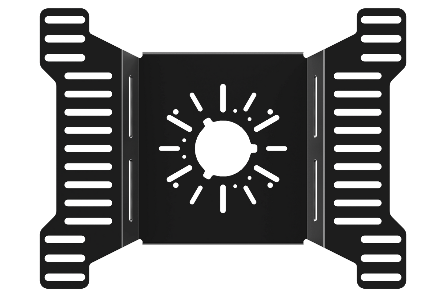 Black metal bracket with central circular design on a white background