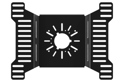 Black metal bracket with central circular design on a white background