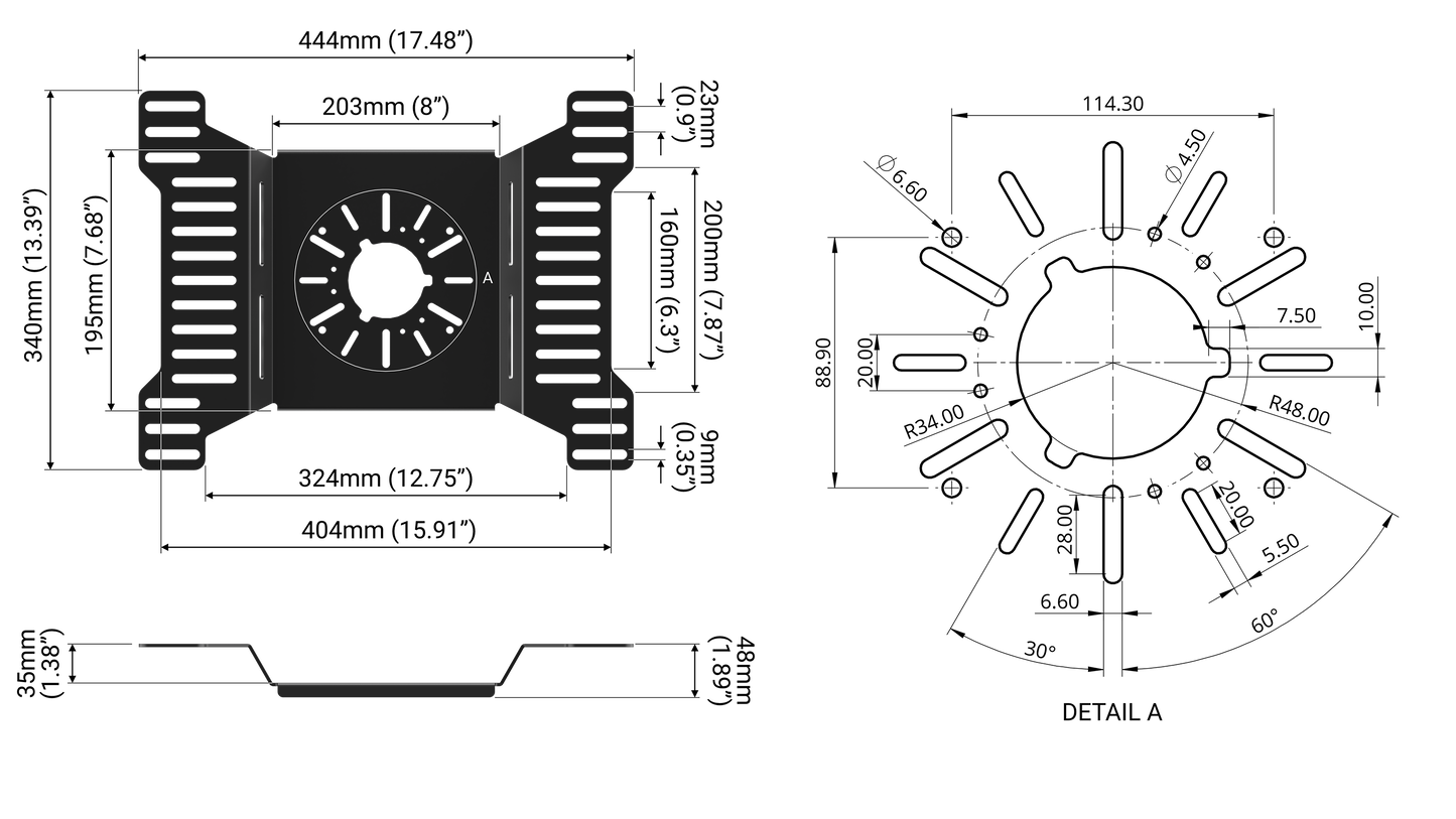 Technical drawing of a cooling system component with dimensions labeled