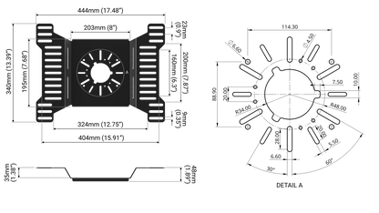 Technical drawing of a cooling system component with dimensions labeled