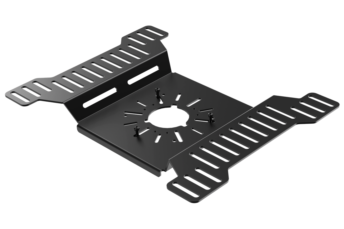 Black metal bracket with circular cutout on a white background