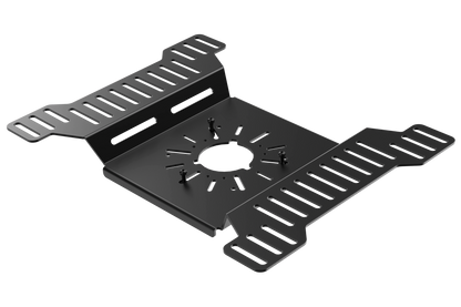 Black metal bracket with circular cutout on a white background
