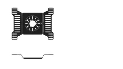 Black and white illustration of a computer graphics card with cooling fins on a white background